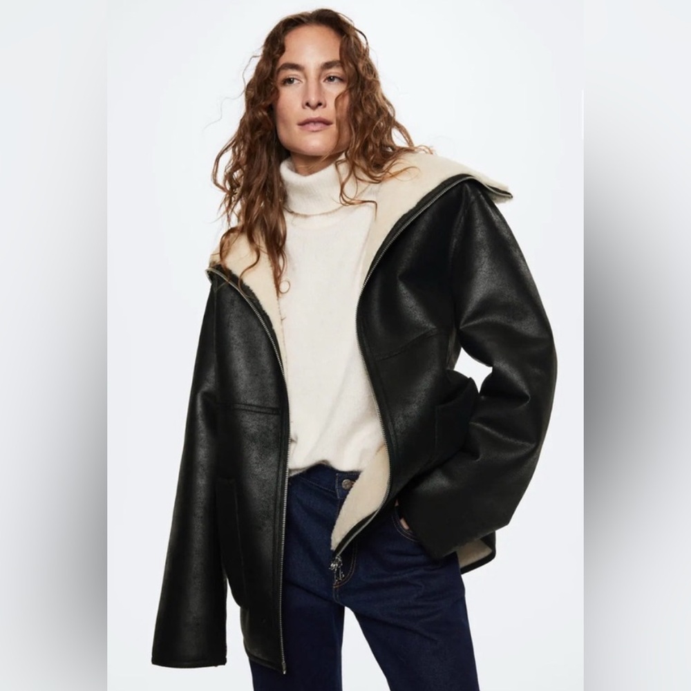 Women's Black and Cream Shearling Jacket